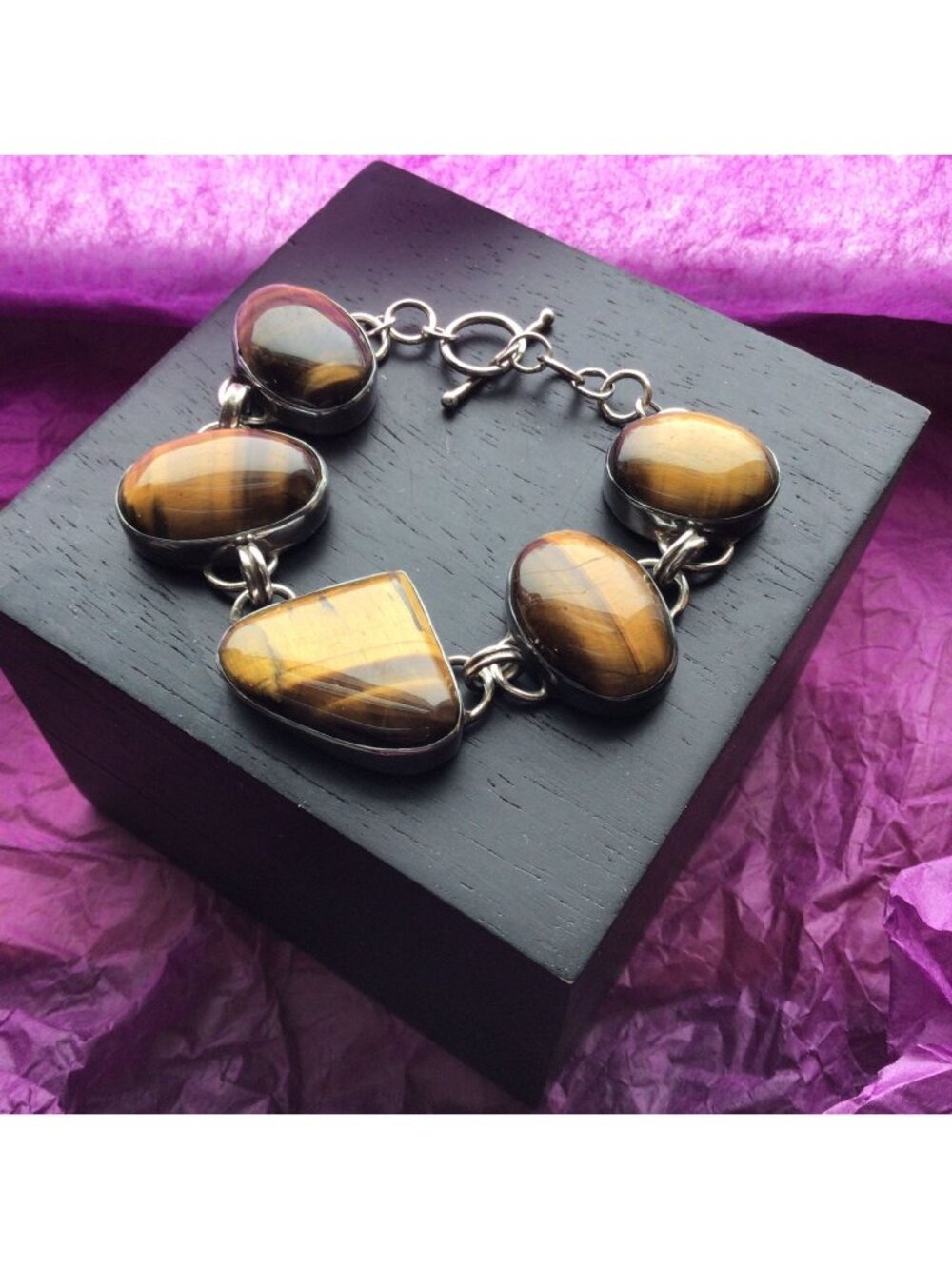 Tigers Eye Gemstone Cabochon Bracelet Polished Silver Setting And Toggle Clasp